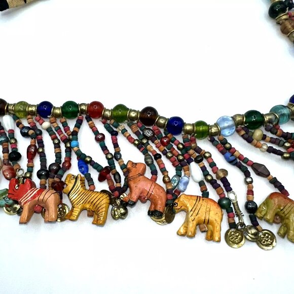 Africa Glass Bead Carved Animal Dangle Fringe Multicolor Statement Necklace/Belt - Picture 3 of 11